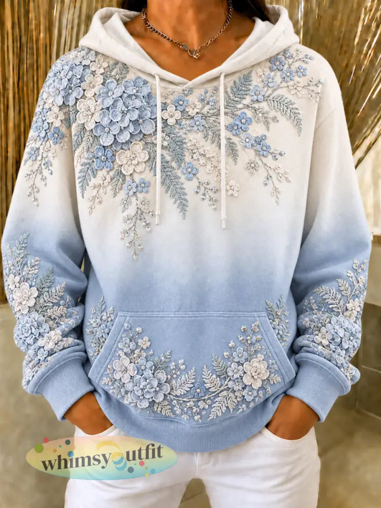 Dameshoodie met bloemenprint ronde hals en lange mouwen - Blauw / S