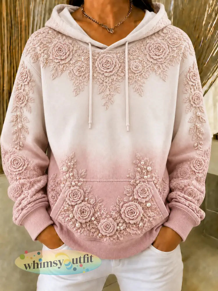 Dameshoodie met bloemenprint ronde hals en lange mouwen - Roze / S