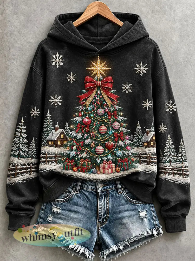 Dameshoodie met kerstboomdessin - Zwart / S