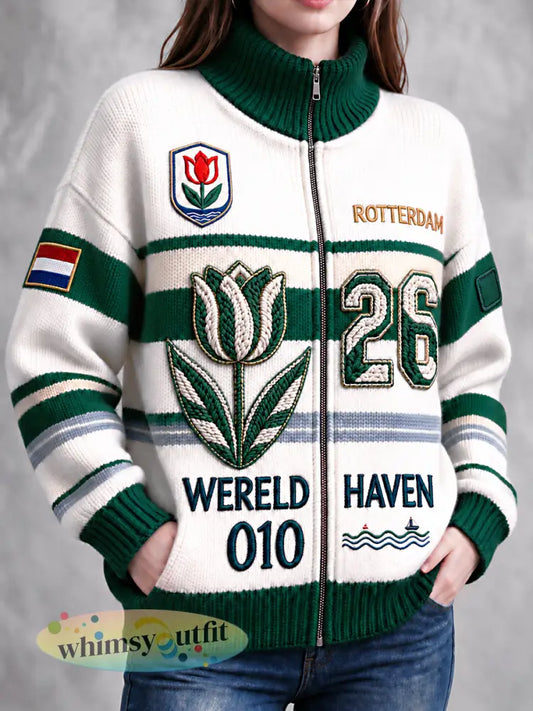 Damesjas met gestreepte print en ritssluiting casual stijl Rotterdam-design - Romig-Wit / S