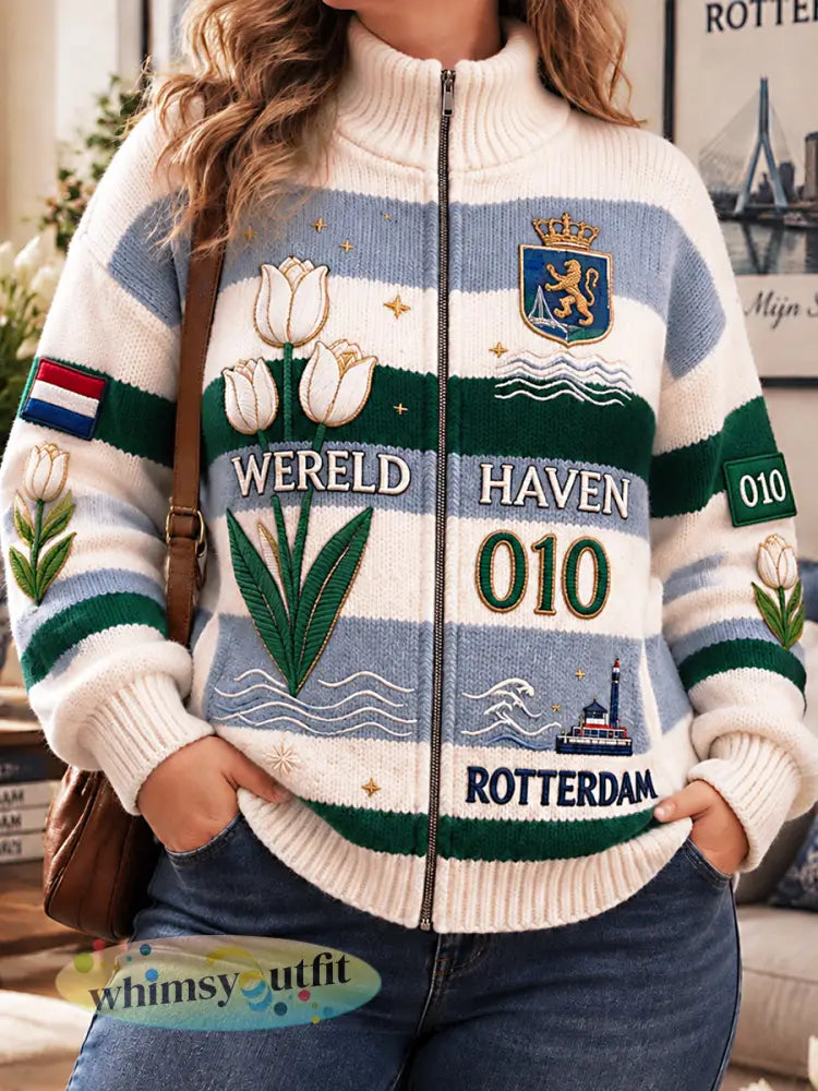 Damesjas uit Rotterdam met gestreept patroon casual en zacht met rits - Romig-Wit / S