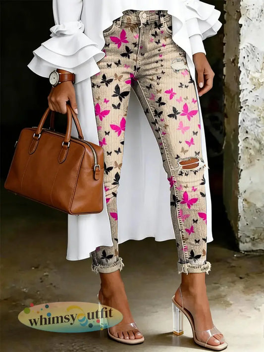 Damesjeans met artistieke bloemenprint - Abrikoos / S