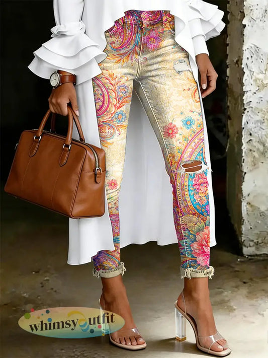 Damesjeans met artistieke bloemenprint - Abrikoos / S