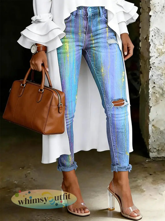 Damesjeans met artistieke bloemenprint - Blauw / S