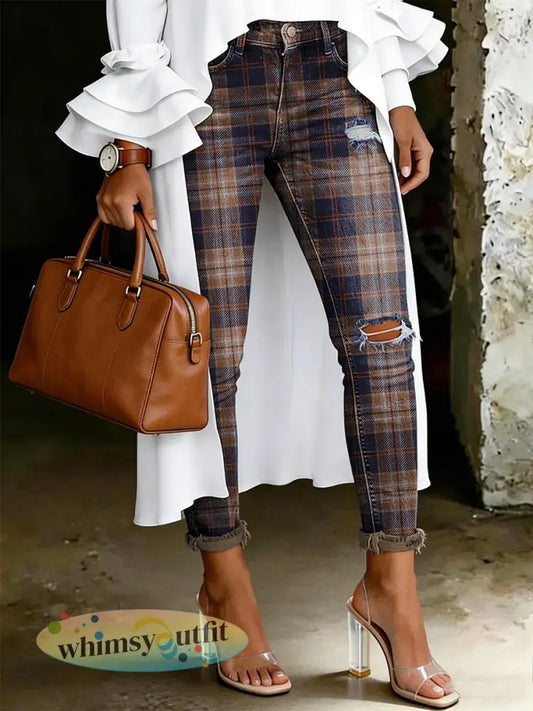 Damesjeans met artistieke bloemenprint - Bruin / S