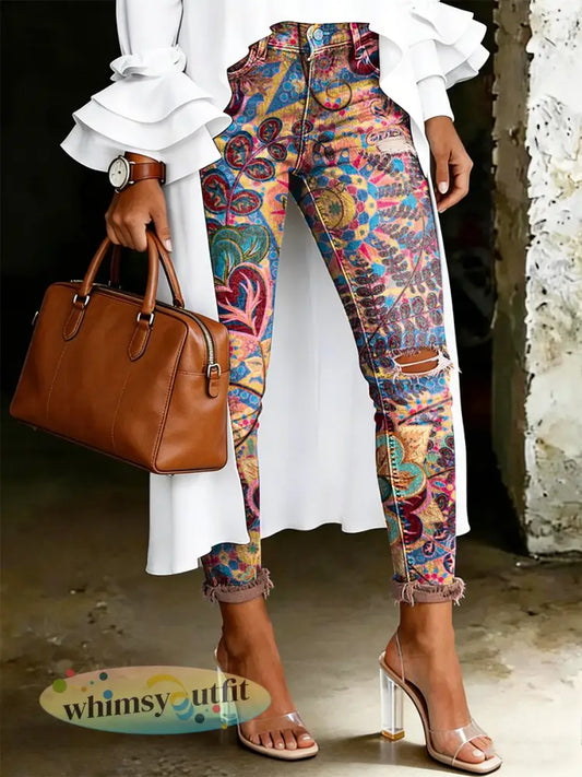 Damesjeans met artistieke bloemenprint - Donkerroze / S