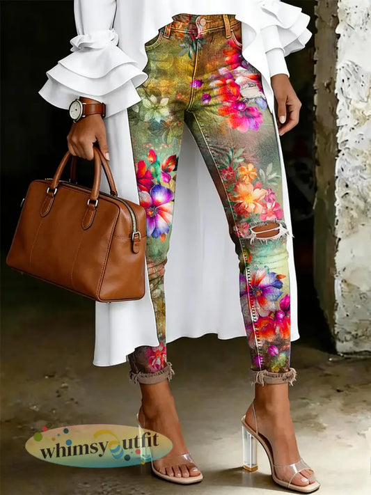 Damesjeans met artistieke bloemenprint - kaki / S