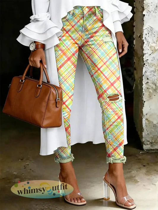 Damesjeans met artistieke bloemenprint - Lichtgeel / S