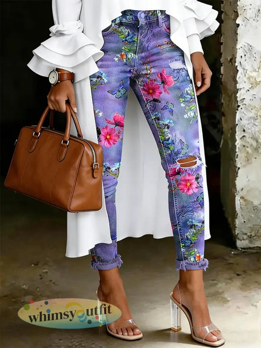 Damesjeans met artistieke bloemenprint - Purper / S