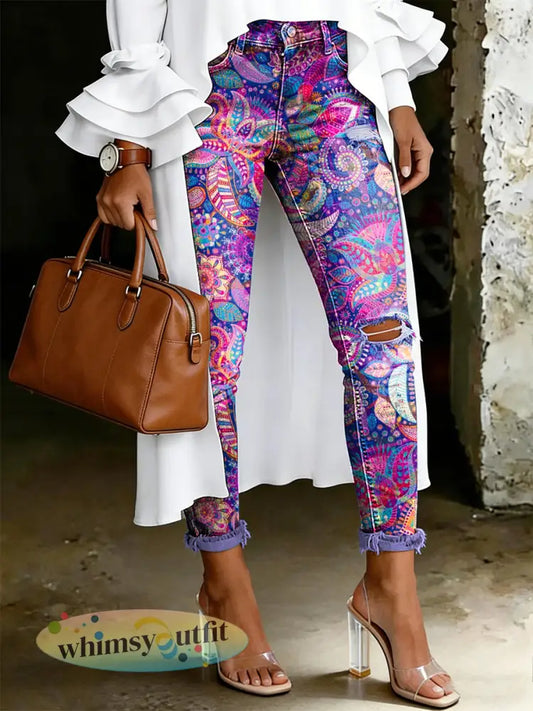 Damesjeans met artistieke bloemenprint - Purper / S