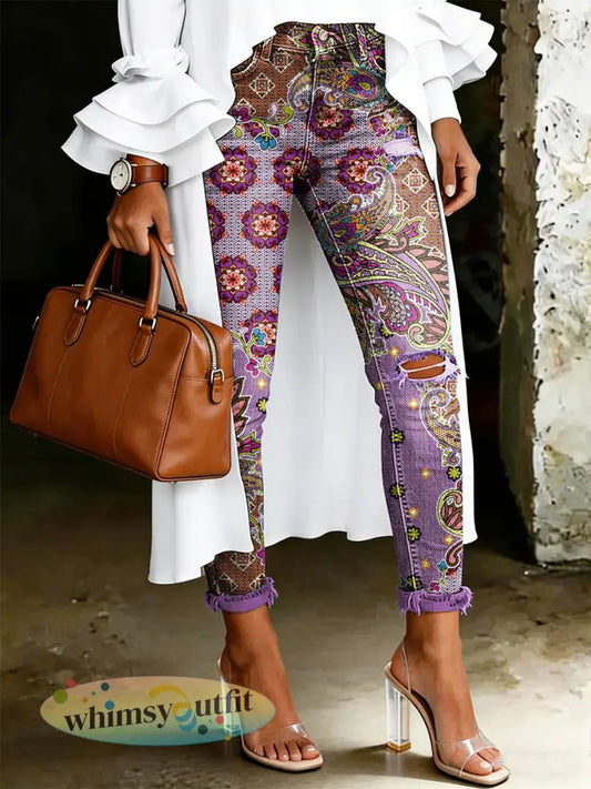 Damesjeans met artistieke bloemenprint - Purper / S