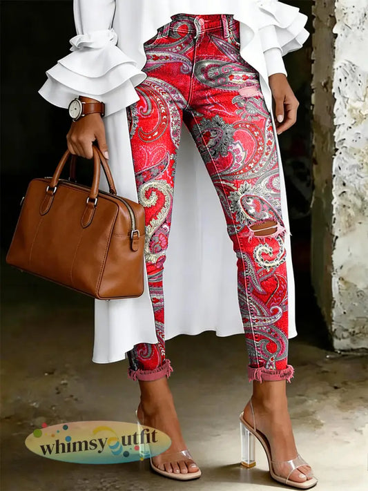 Damesjeans met artistieke bloemenprint - Rood / S