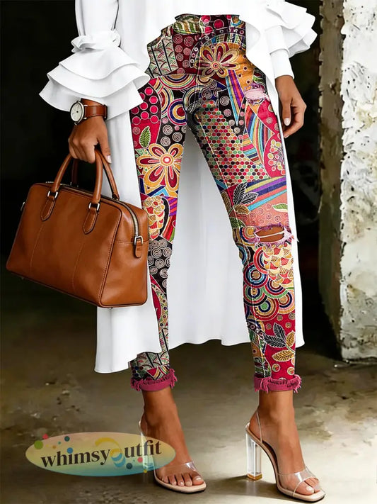 Damesjeans met artistieke bloemenprint - Roze / S