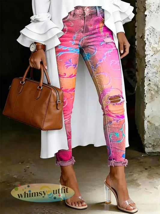 Damesjeans met artistieke bloemenprint - Veelkleurig / S