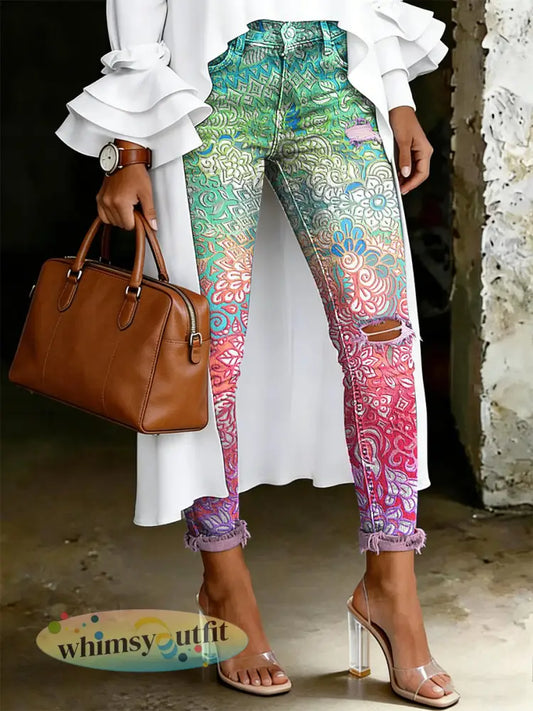 Damesjeans met artistieke bloemenprint - Veelkleurig / S