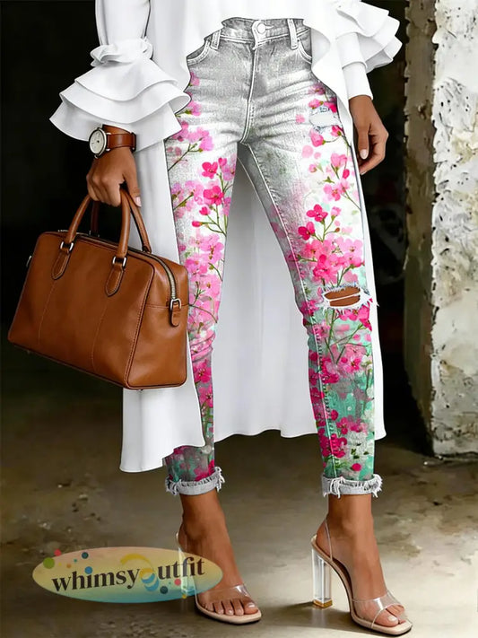 Damesjeans met artistieke bloemenprint - Wit / S