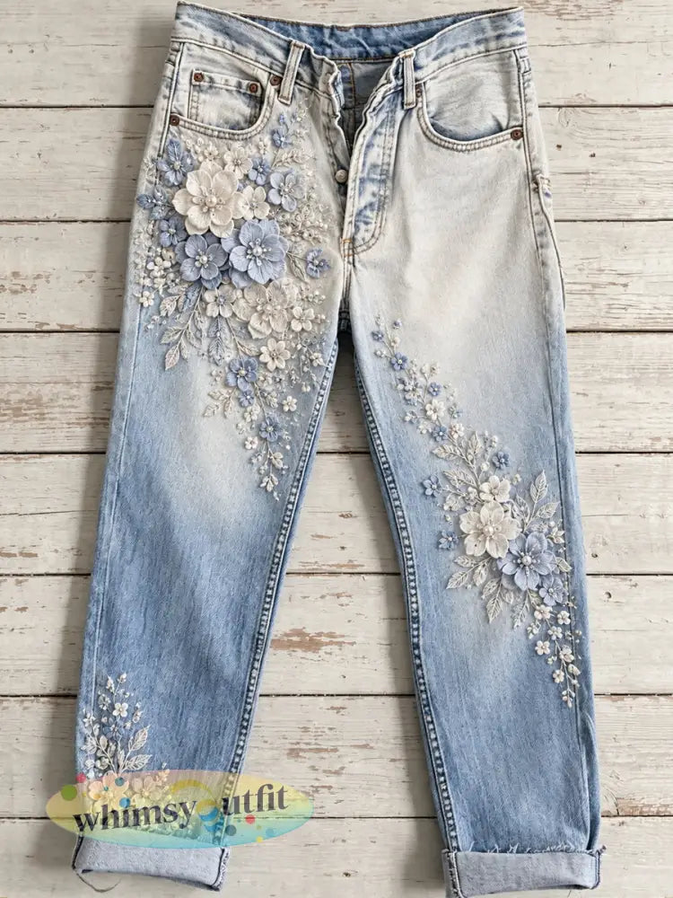 Damesjeans met bloemenprint - Blauw / S