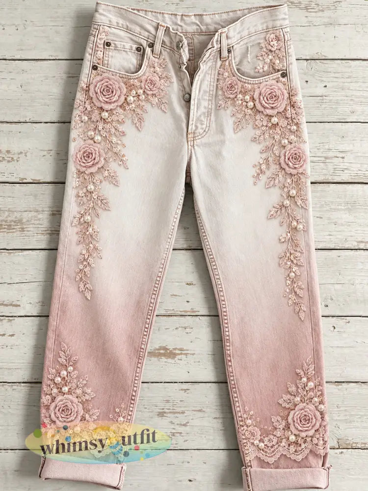 Damesjeans met bloemenprint - Roze / S