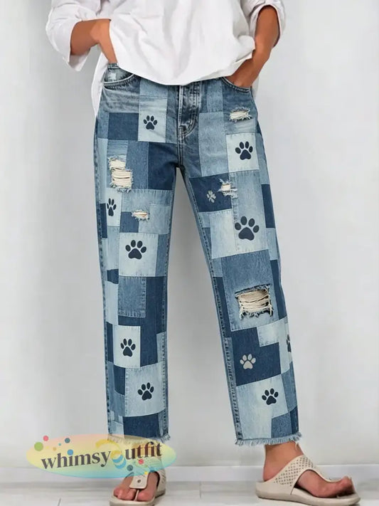 Damesjeans met dierenartprint - Blauw / S