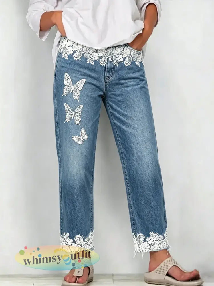 Damesjeans met dierenartprint - Blauw / S