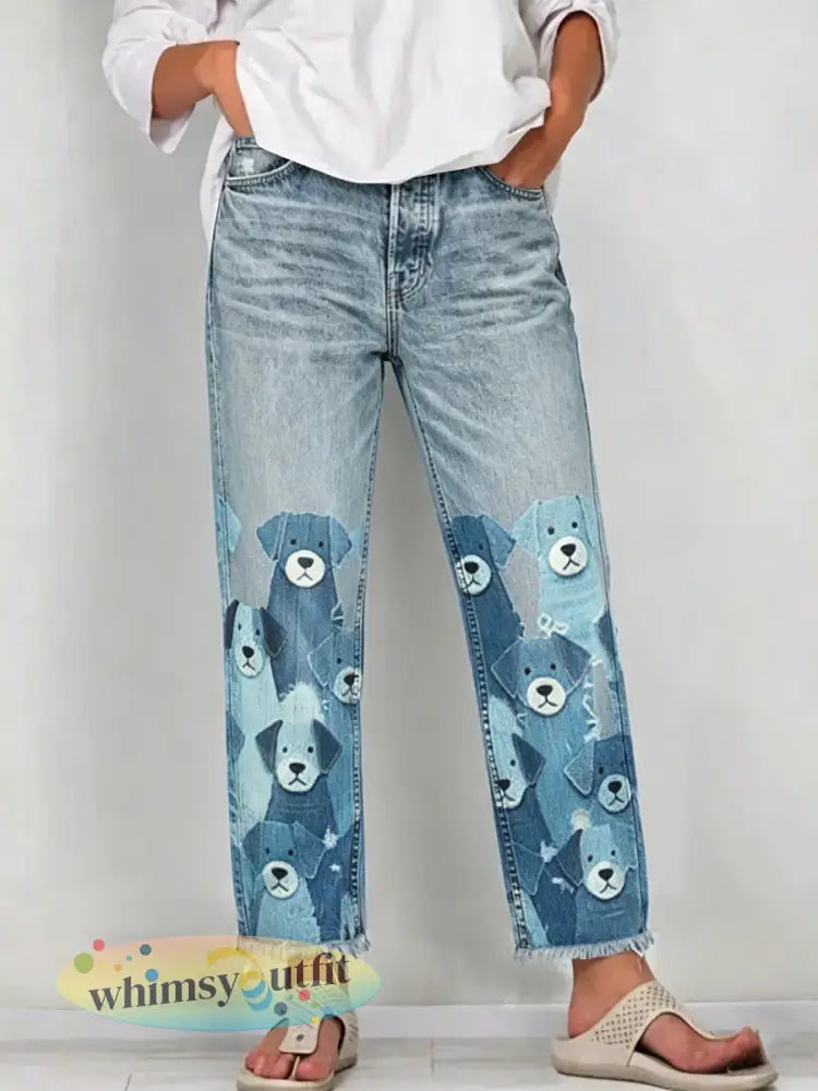 Damesjeans met dierenartprint - Blauw / S