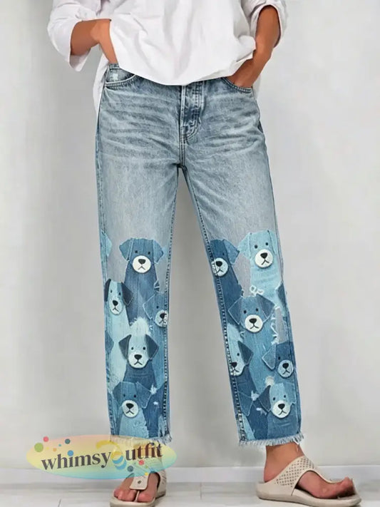 Damesjeans met dierenartprint - Blauw / S