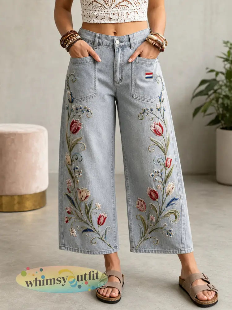 Damesjeans met lange pijpen en bloemenprint - A / S