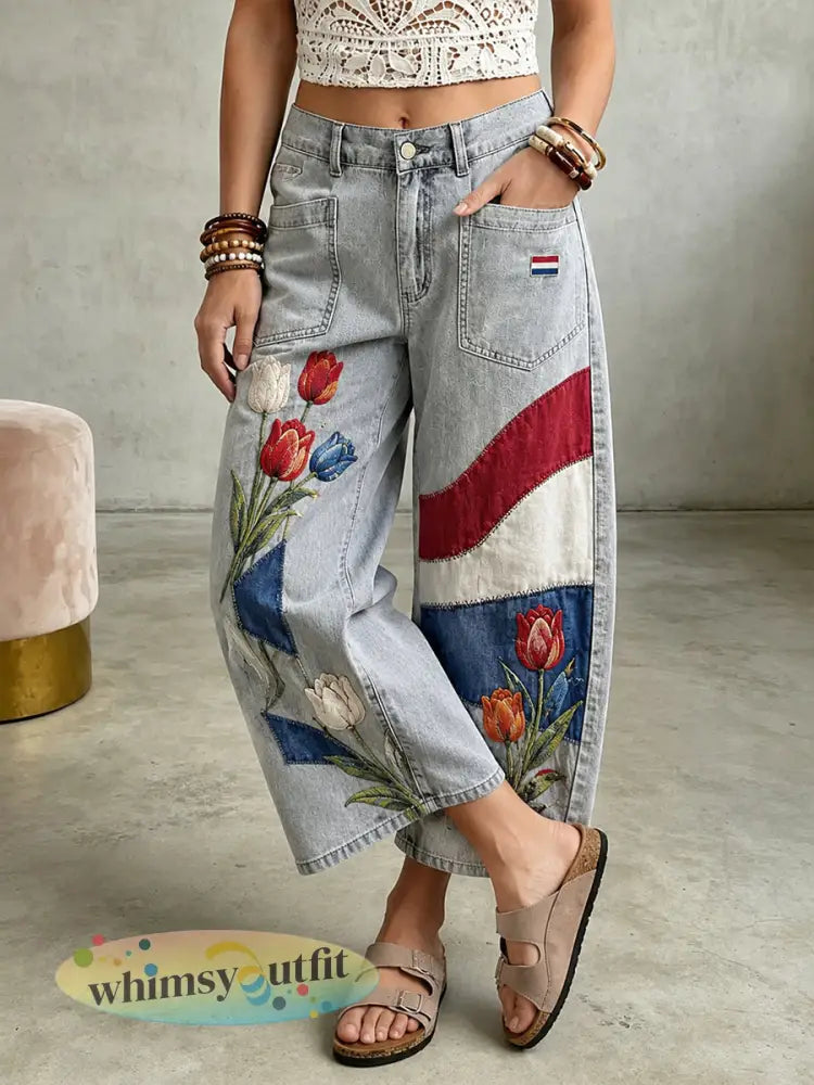 Damesjeans met lange pijpen en bloemenprint - A / S