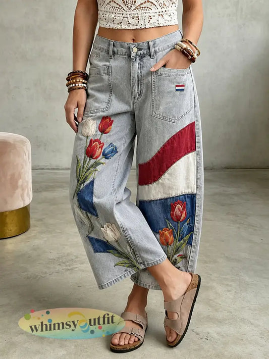 Damesjeans met lange pijpen en bloemenprint - A / S