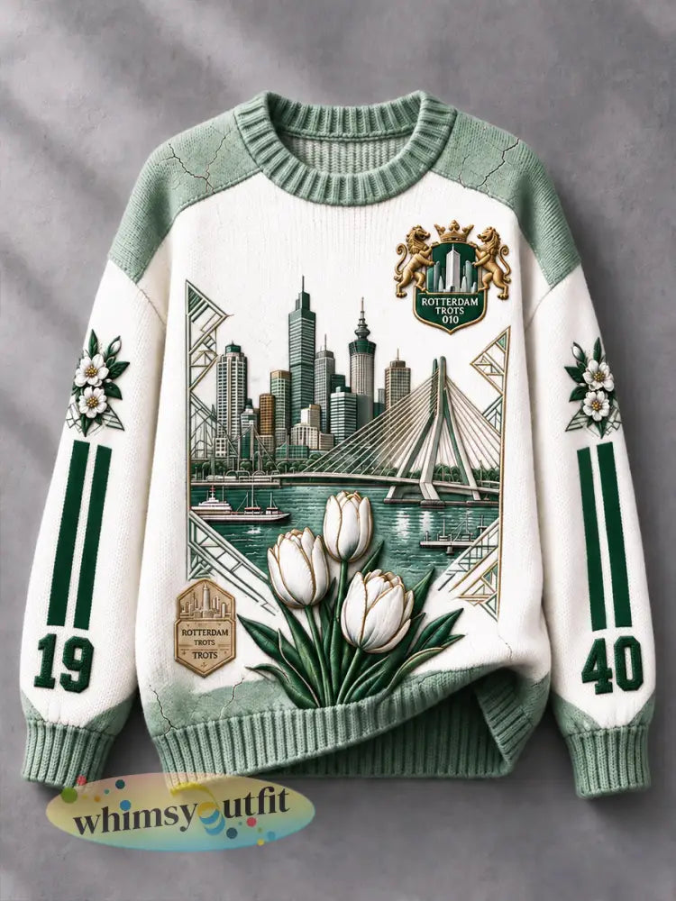 Damesjumper met 3D-geprint bloemenpatroon uit de Holland Rotterdam-collectie in vrijetijdsstijl - Romig-Wit / S