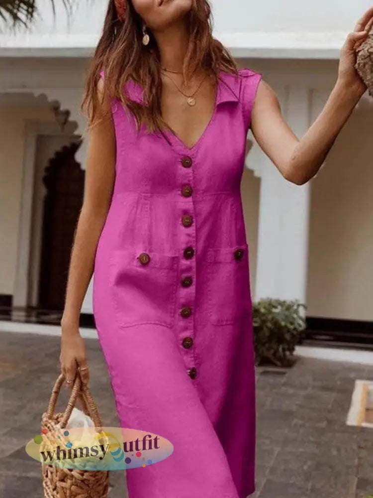 Damesjurk met V-hals en enkele rij knopen - Rose Rood / S