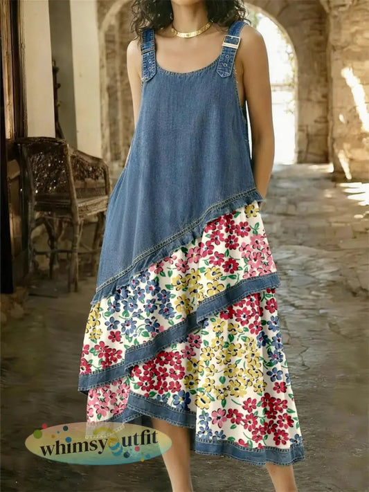 Damesjurk van denim met bloemenpatroon en patchwork - als foto / S