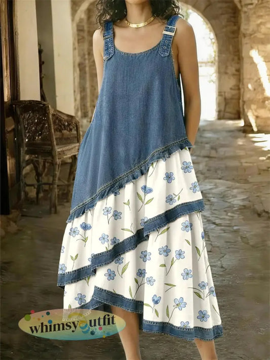 Damesjurk van denim met bloemenpatroon en patchwork - als foto / S