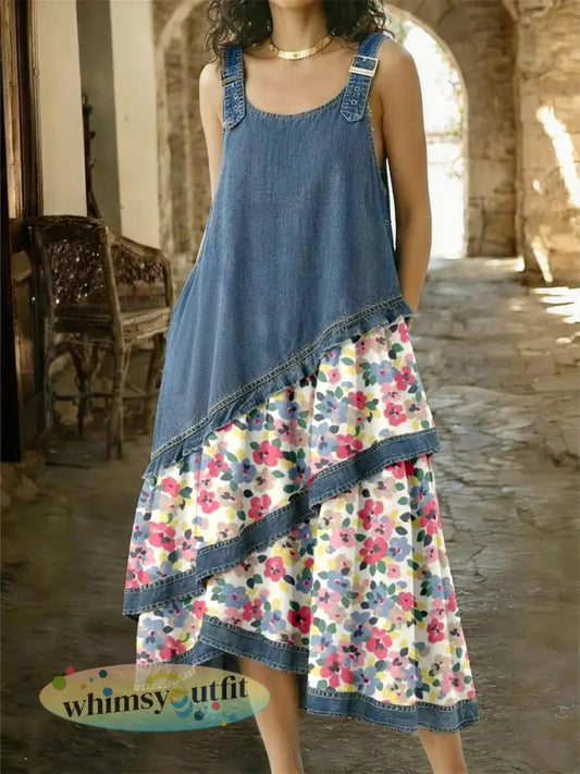 Damesjurk van denim met bloemenpatroon en patchwork - als foto / S