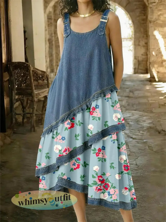 Damesjurk van denim met bloemenpatroon en patchwork - als foto / S