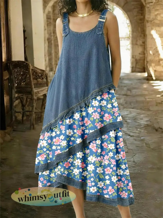Damesjurk van denim met bloemenpatroon en patchwork - als foto / S