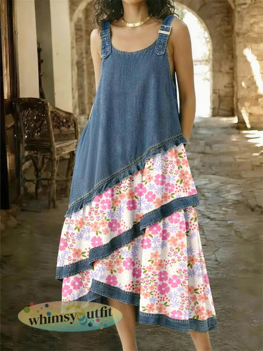 Damesjurk van denim met bloemenpatroon en patchwork - als foto / S