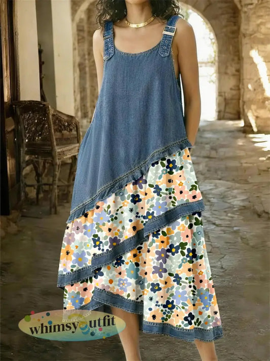 Damesjurk van denim met bloemenpatroon en patchwork - als foto / S