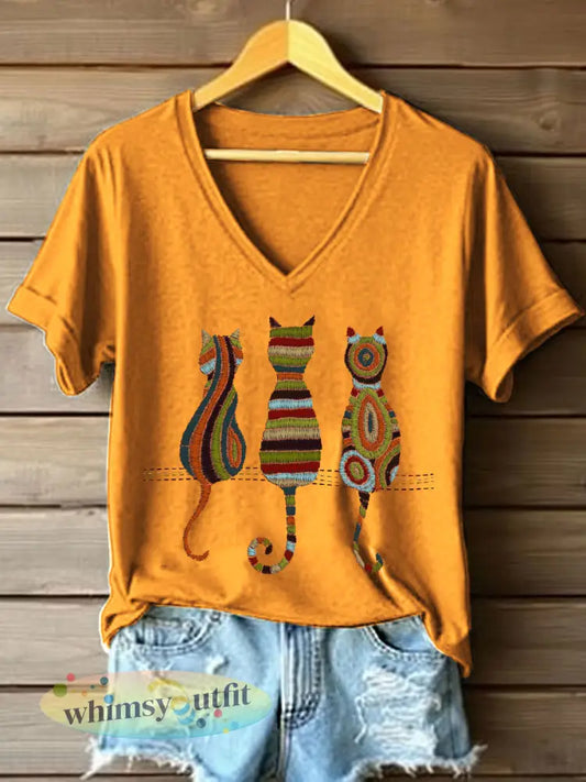 Dameskat geborduurd T-shirt met V-hals - Sinaasappel / S