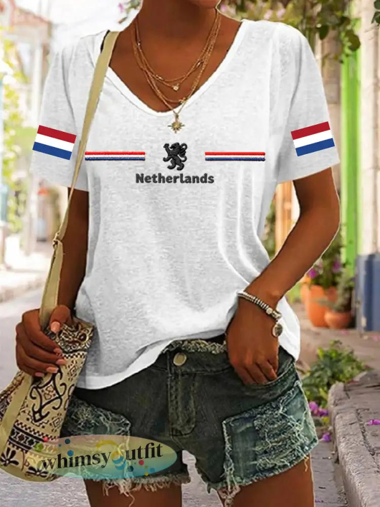 Dameskatoenen T-shirt met V-hals voor Koningsdag - Wit / S