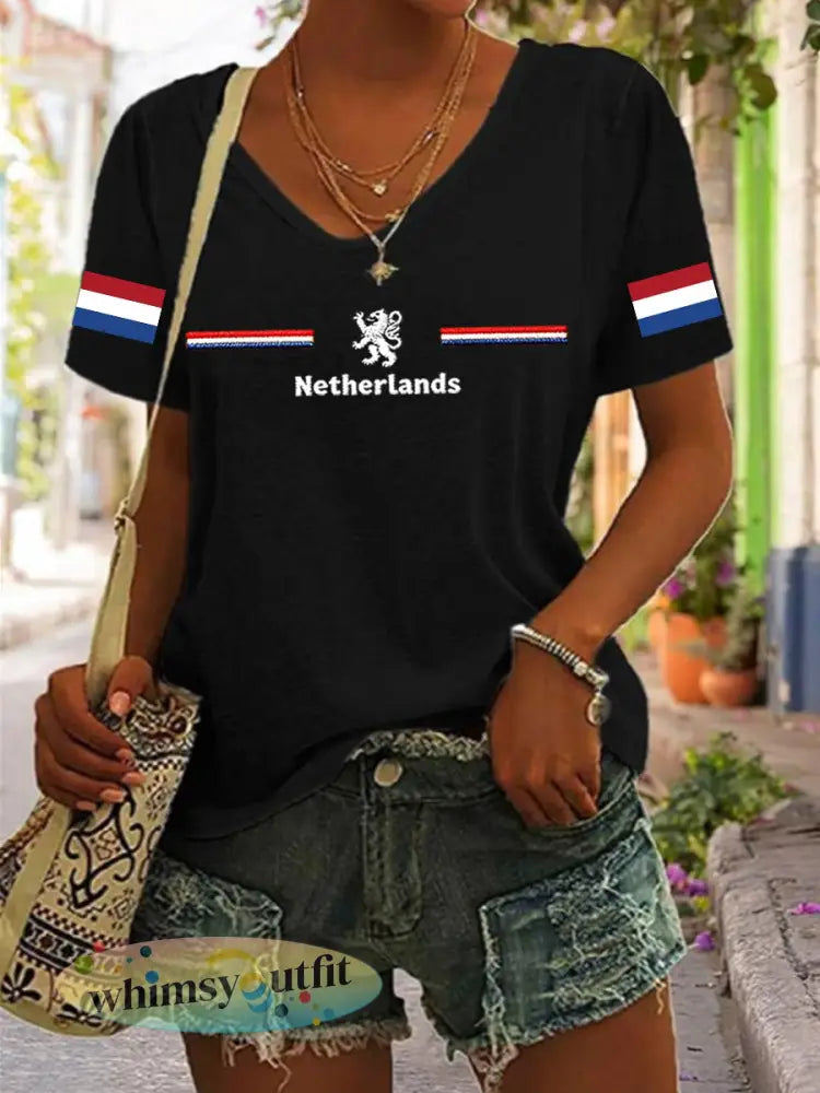 Dameskatoenen T-shirt met V-hals voor Koningsdag - Zwart / S