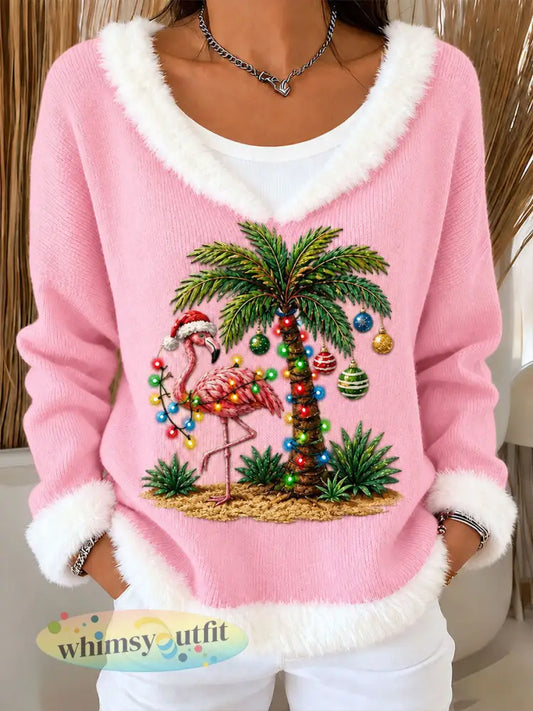 Dameskerstsweater met flamingoprint en ronde hals - Roze / S