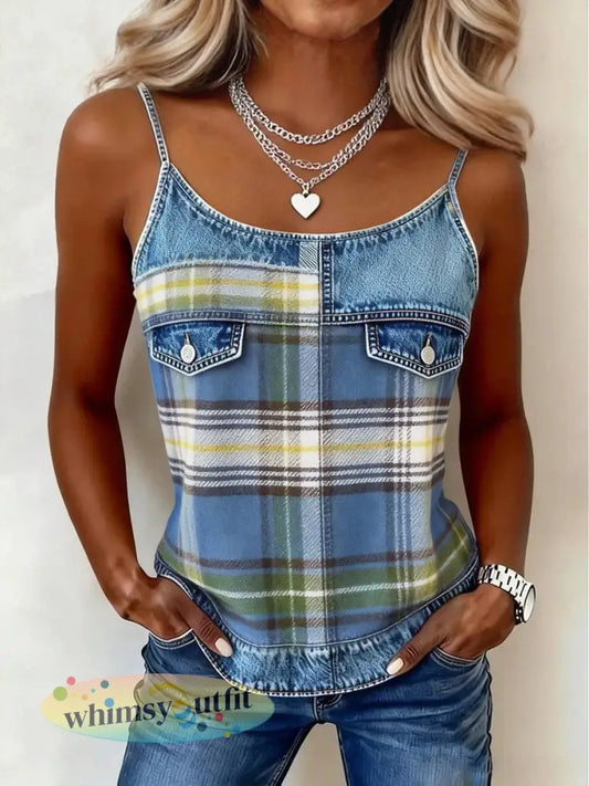 Damesklassieker geruit dessin denim patchwork tanktop - als foto / S