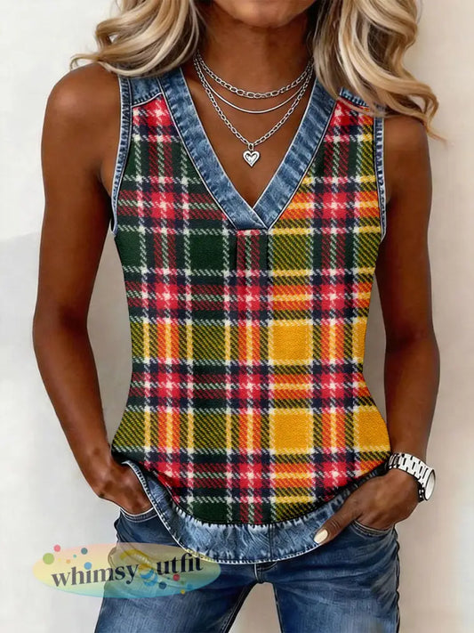 Damesklassieker geruit dessin denim patchwork top - als foto / S