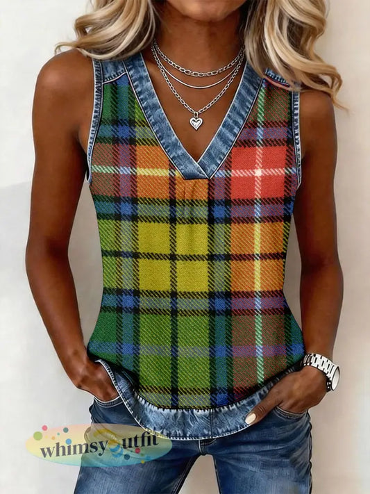 Damesklassieker geruit dessin denim patchwork top - als foto / S