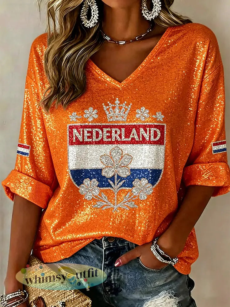 Dameskleding voor Koningsdag met pailletten en bloemenprint gebreide casual top met V-hals - A / S