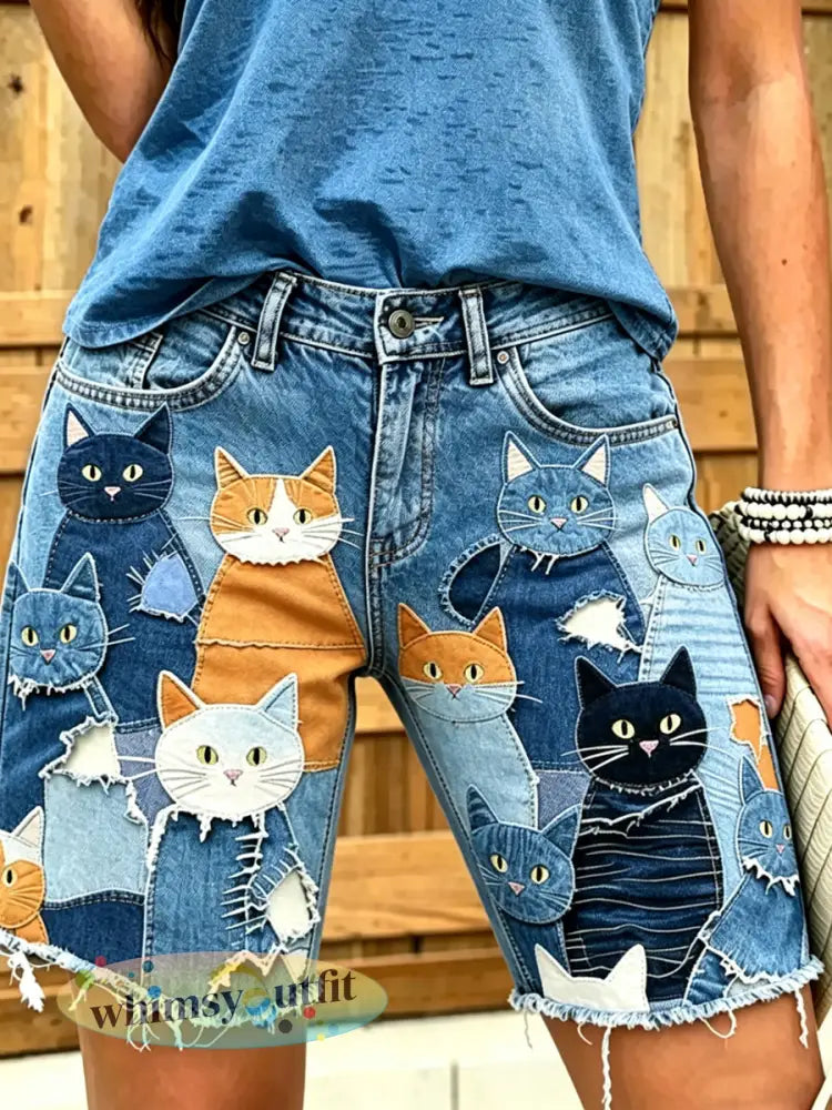 Dameskorte jeans met dierenprint - Blauw / S
