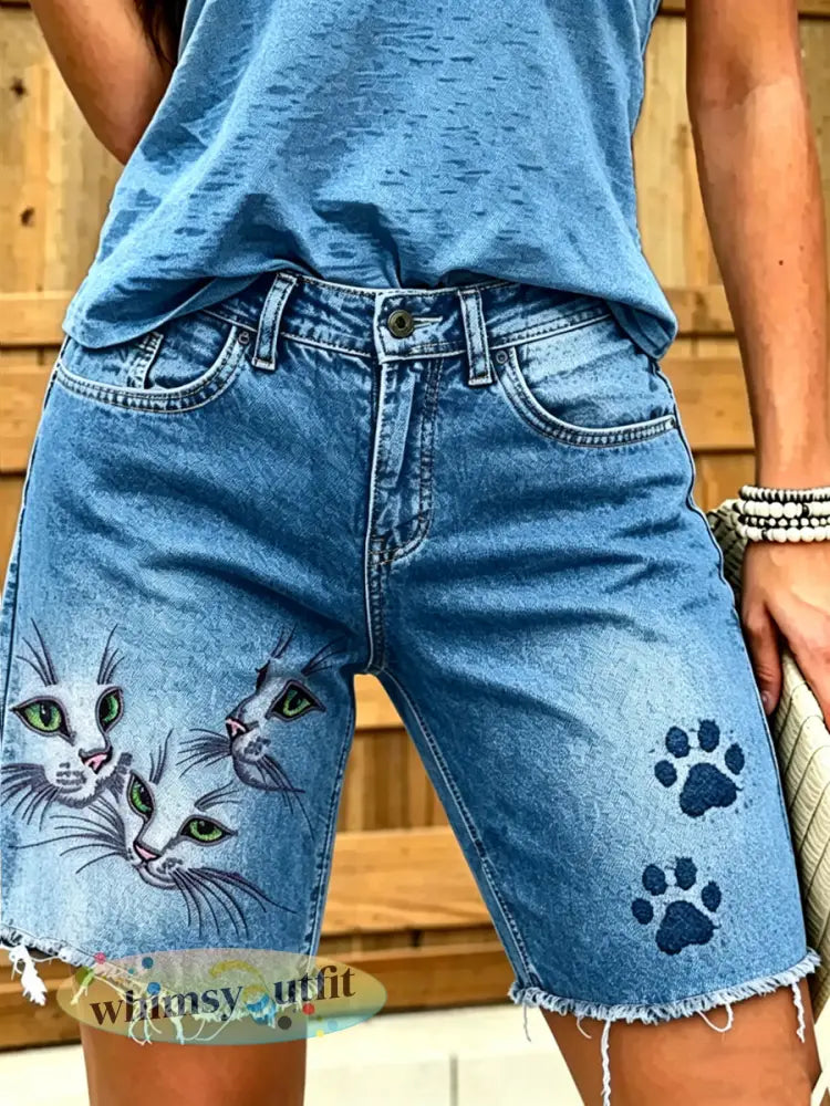 Dameskorte jeans met dierenprint - Blauw / S