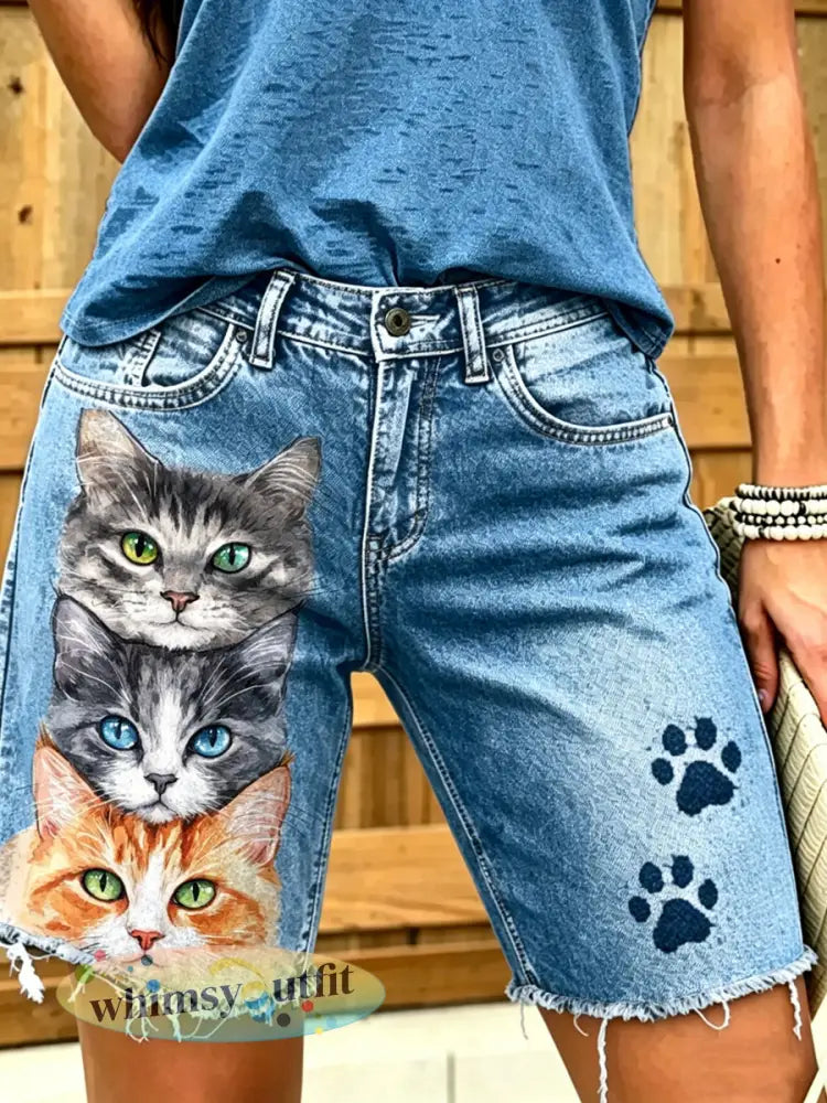 Dameskorte jeans met dierenprint - Blauw / S