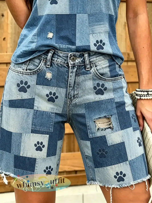 Dameskorte jeans met dierenprint - Blauw / S